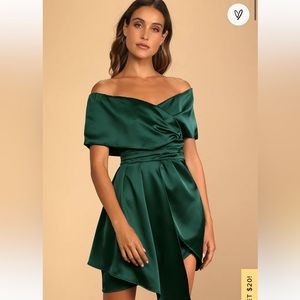 NWOT Always Celebrating Dark Green Satin Off-the-Shoulder Mini Dress